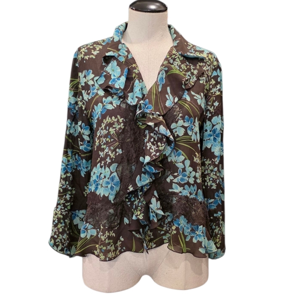 Allison Taylor Floral Ruffle Brown and Blue Women's Top